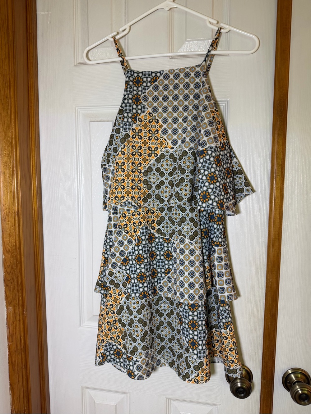 Copper Key White Dress with Olive & Mustard Pattern